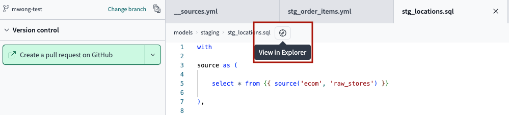 Access dbt Catalog from the IDE by clicking on the 'View in Explorer' icon next to the file breadcrumbs. Access dbt Catalog from the IDE by clicking on the 'View in Explorer' icon next to the file breadcrumbs.